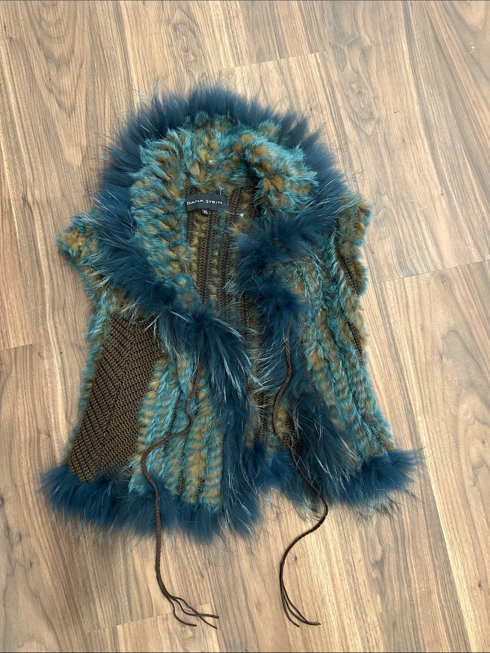 Dana Stein Womens Rabbit And Raccoon Fur Trim Knit Vest Brown Blue